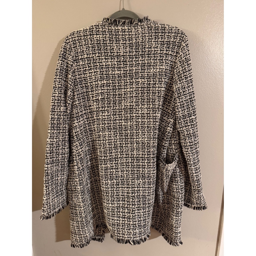 Laundry by Shelli Segal Womens Medium Black White Tweed Fringe Open Jacket Coat - Picture 5 of 7